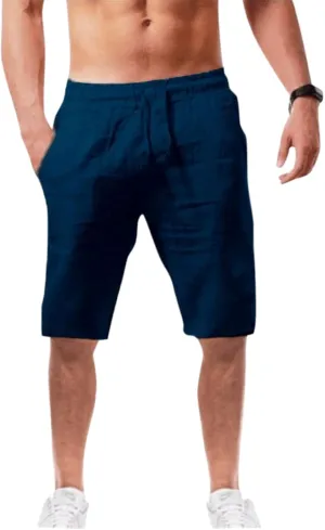 LEIYAN Mens Cotton Linen Shorts Casual Stretch Waist Drawstring Capri Yoga Shorts Active Workout Lounge Shorts