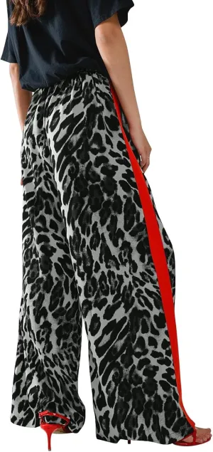 Leopard Print Pants for Women Drawstring High Waisted Color Block Side Striped Straight Leg Wide Leg Loose Pants