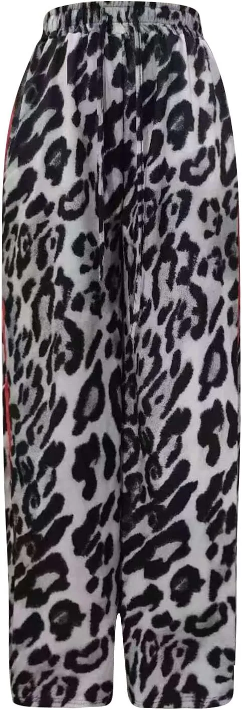Leopard Print Pants for Women Drawstring High Waisted Color Block Side Striped Straight Leg Wide Leg Loose Pants