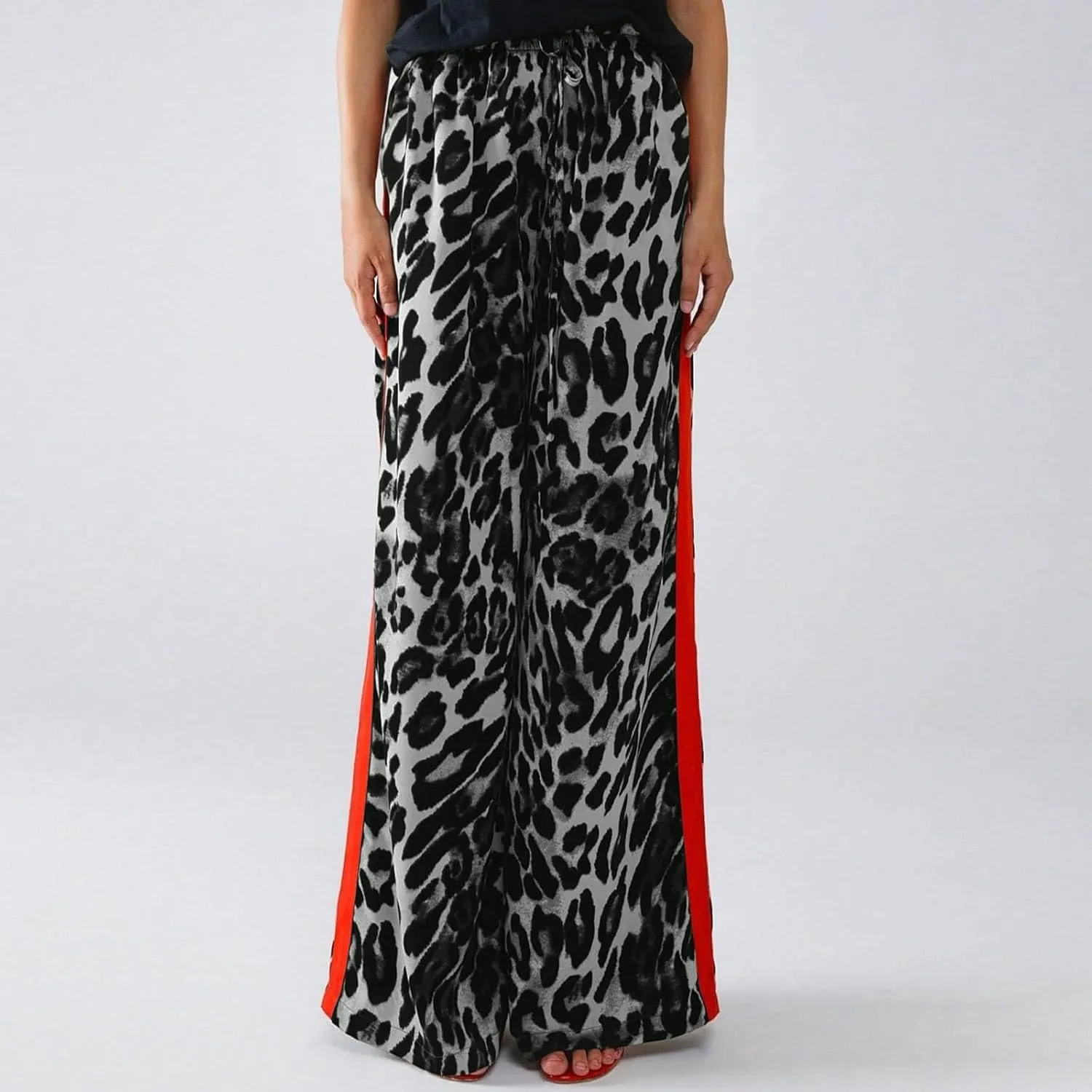 Leopard Print Pants for Women Drawstring High Waisted Color Block Side Striped Straight Leg Wide Leg Loose Pants