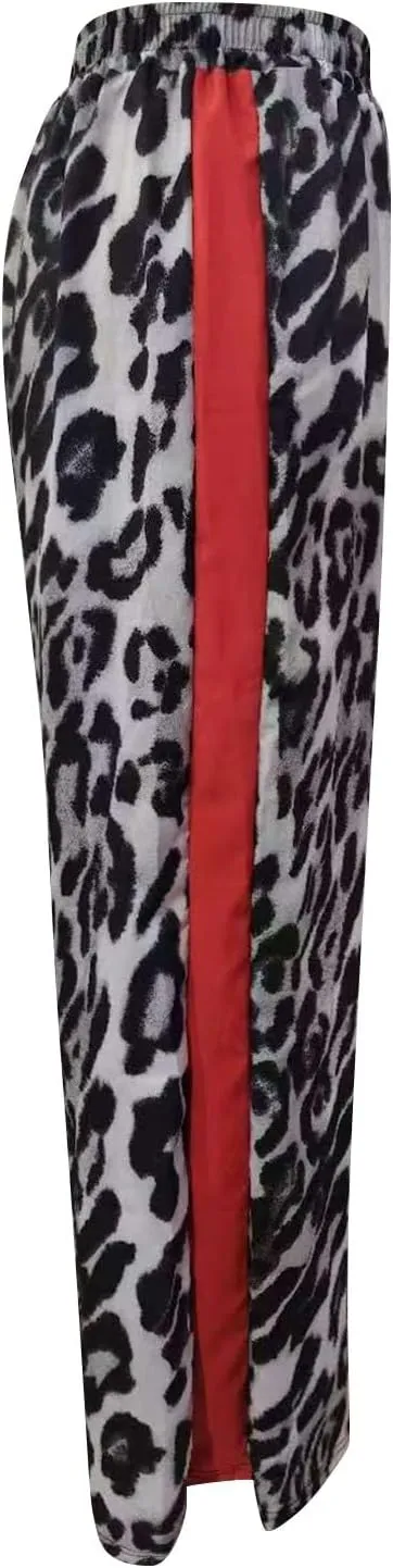 Leopard Print Pants for Women Drawstring High Waisted Color Block Side Striped Straight Leg Wide Leg Loose Pants