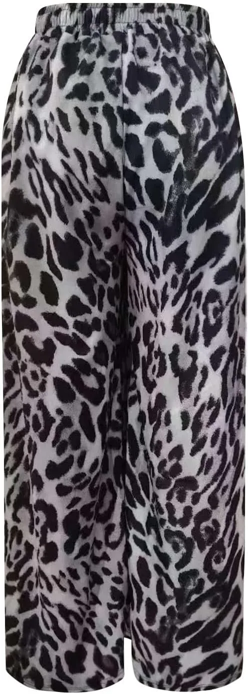 Leopard Print Pants for Women Drawstring High Waisted Color Block Side Striped Straight Leg Wide Leg Loose Pants