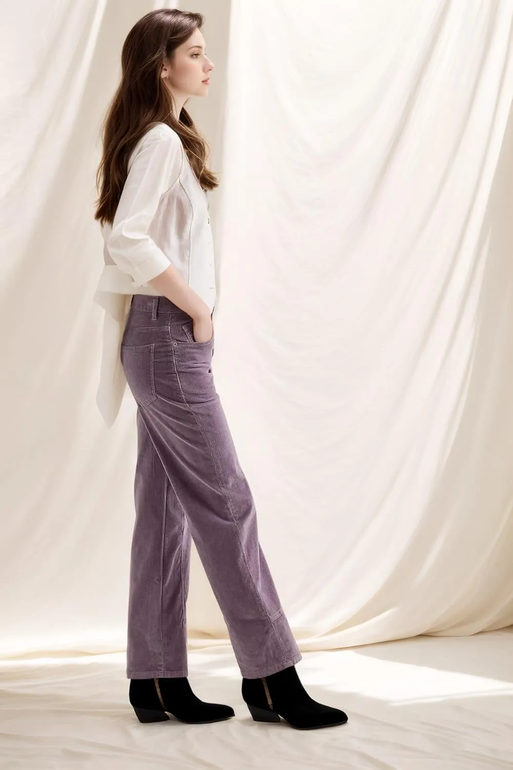LifeShe Corduroy Pants for Women Casual Elastic Waisted Straight Leg Pant Loose Comfy Trousers with Pockets