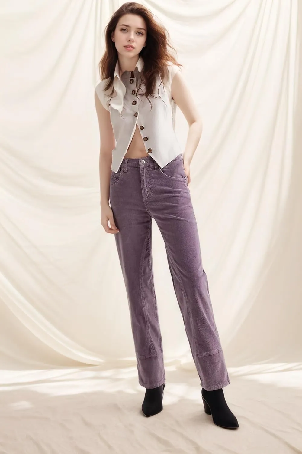 LifeShe Corduroy Pants for Women Casual Elastic Waisted Straight Leg Pant Loose Comfy Trousers with Pockets
