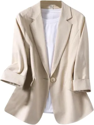 Linen Blazers for Women Business Casual Dressy Lapel Suit Blazer 3/4 Sleeve Lightweight Spring Summer Blazer Jackets