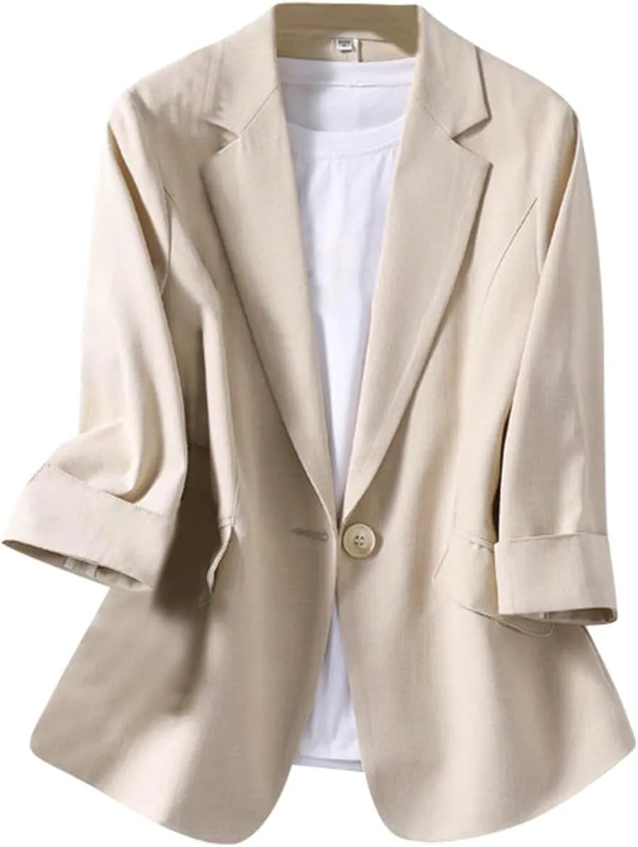 Linen Blazers for Women Business Casual Dressy Lapel Suit Blazer 3/4 Sleeve Lightweight Spring Summer Blazer Jackets
