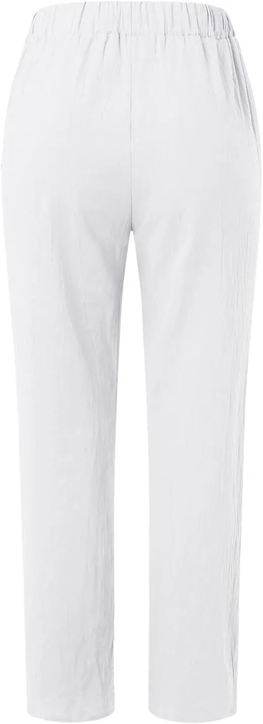 Linen Capris for Women Elastic Waist Drawstring Side Button Trendy Straight Leg Baggy Pants with Pocket
