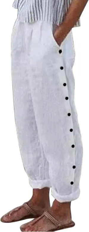 Linen Capris for Women Elastic Waist Drawstring Side Button Trendy Straight Leg Baggy Pants with Pocket