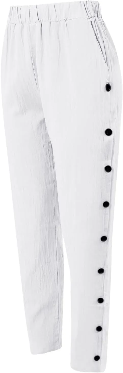 Linen Capris for Women Elastic Waist Drawstring Side Button Trendy Straight Leg Baggy Pants with Pocket