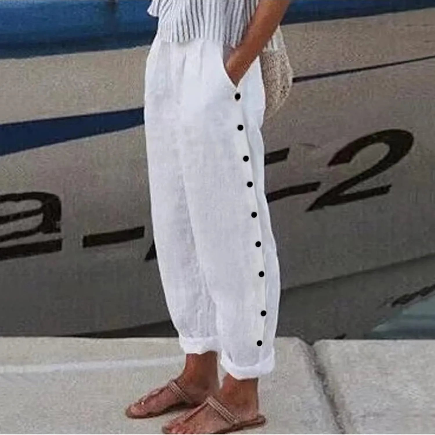 Linen Capris for Women Elastic Waist Drawstring Side Button Trendy Straight Leg Baggy Pants with Pocket