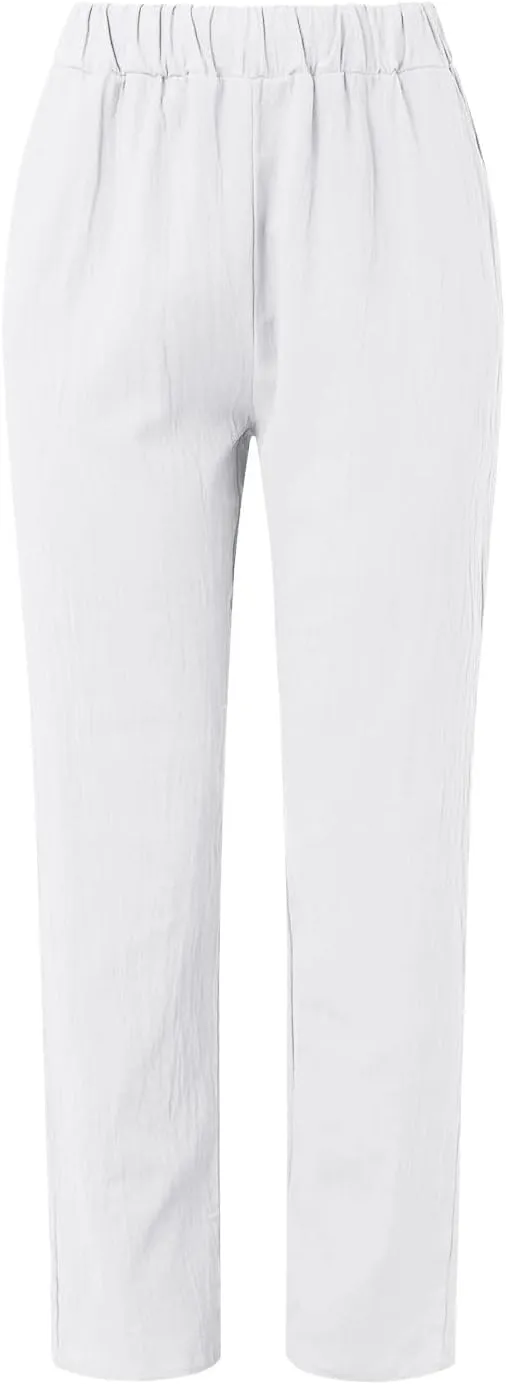 Linen Capris for Women Elastic Waist Drawstring Side Button Trendy Straight Leg Baggy Pants with Pocket