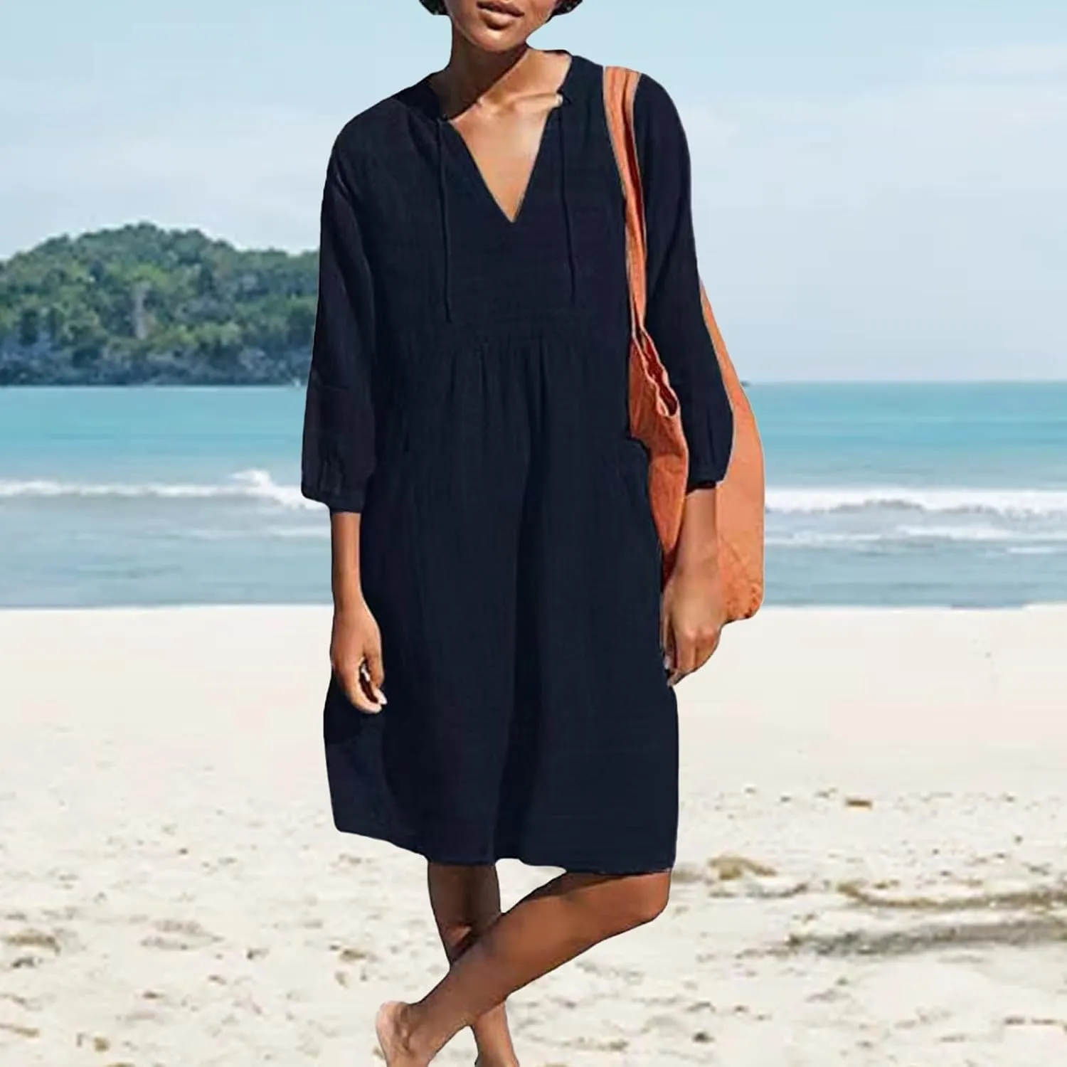 Linen Dresses for Women Casual 3/4 Sleeve V Neck Mini Dresses Loose Knee-Length A-line Dress Beach Dress with Pocket