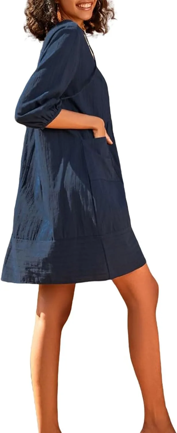 Linen Dresses for Women Casual 3/4 Sleeve V Neck Mini Dresses Loose Knee-Length A-line Dress Beach Dress with Pocket