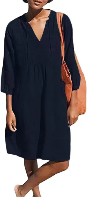 Linen Dresses for Women Casual 3/4 Sleeve V Neck Mini Dresses Loose Knee-Length A-line Dress Beach Dress with Pocket