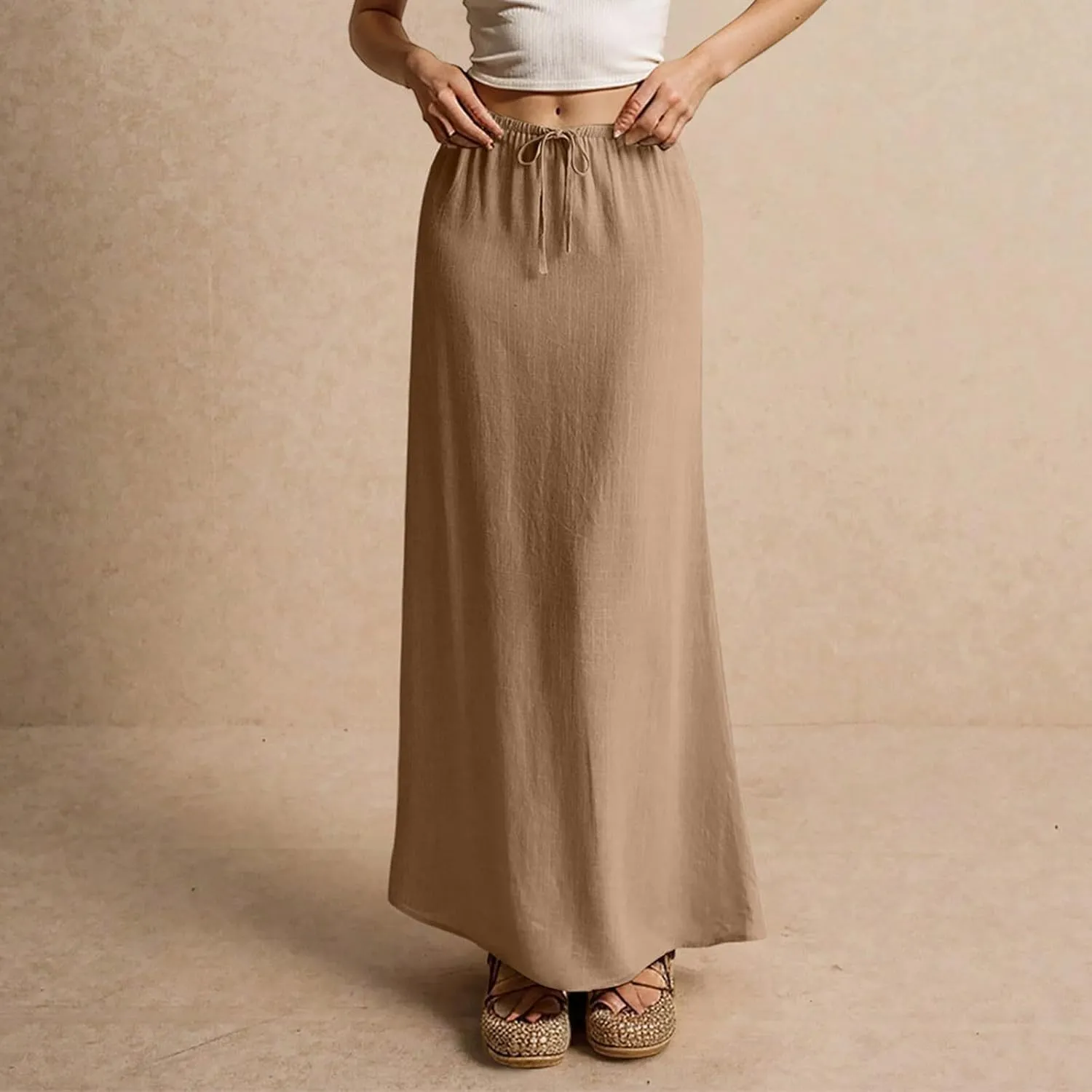 Linen Maxi Skirts for Women Summer Beach Comfy Drawstring Waist A Line Skirts Vacation Boho Long Flowy Skirt