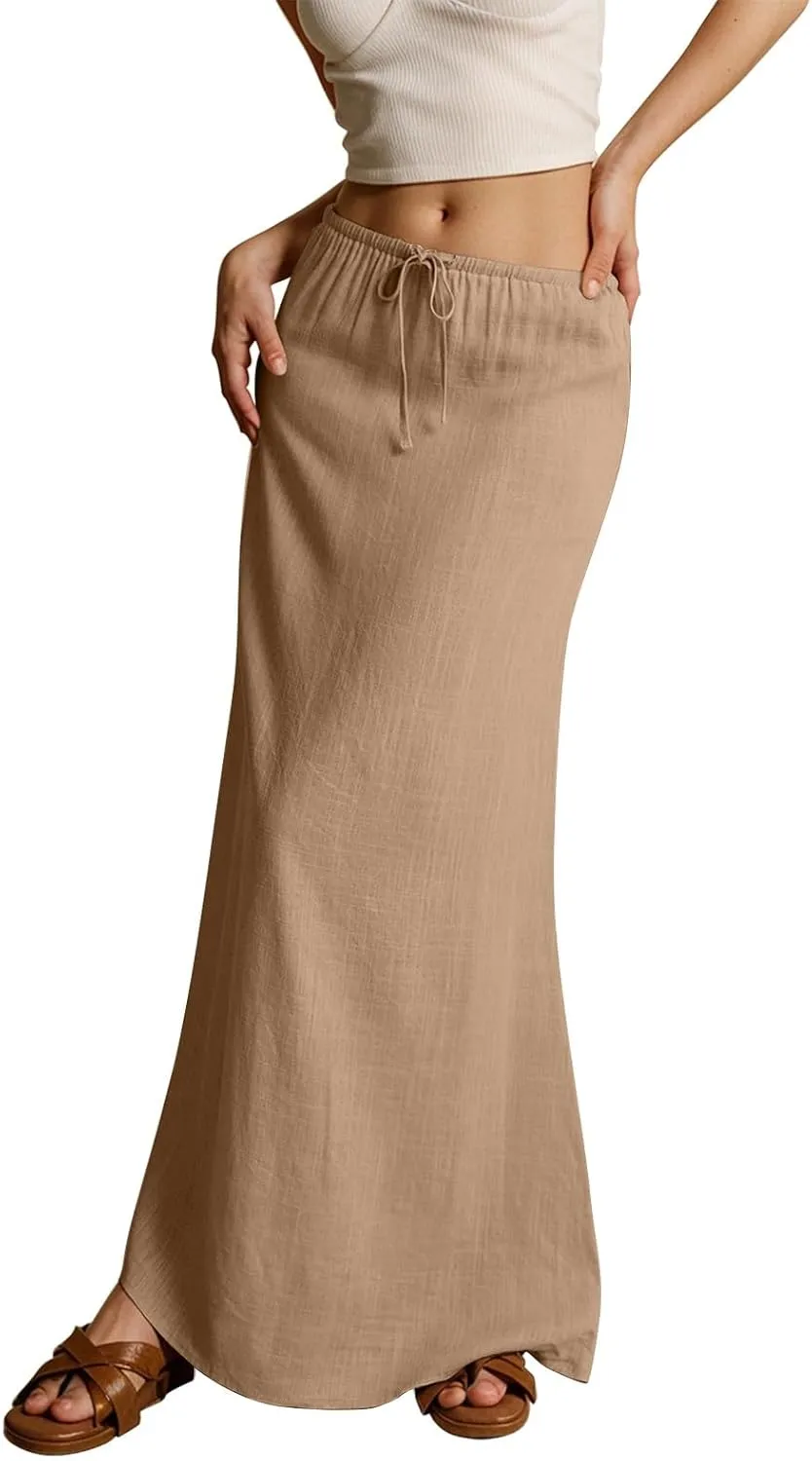 Linen Maxi Skirts for Women Summer Beach Comfy Drawstring Waist A Line Skirts Vacation Boho Long Flowy Skirt