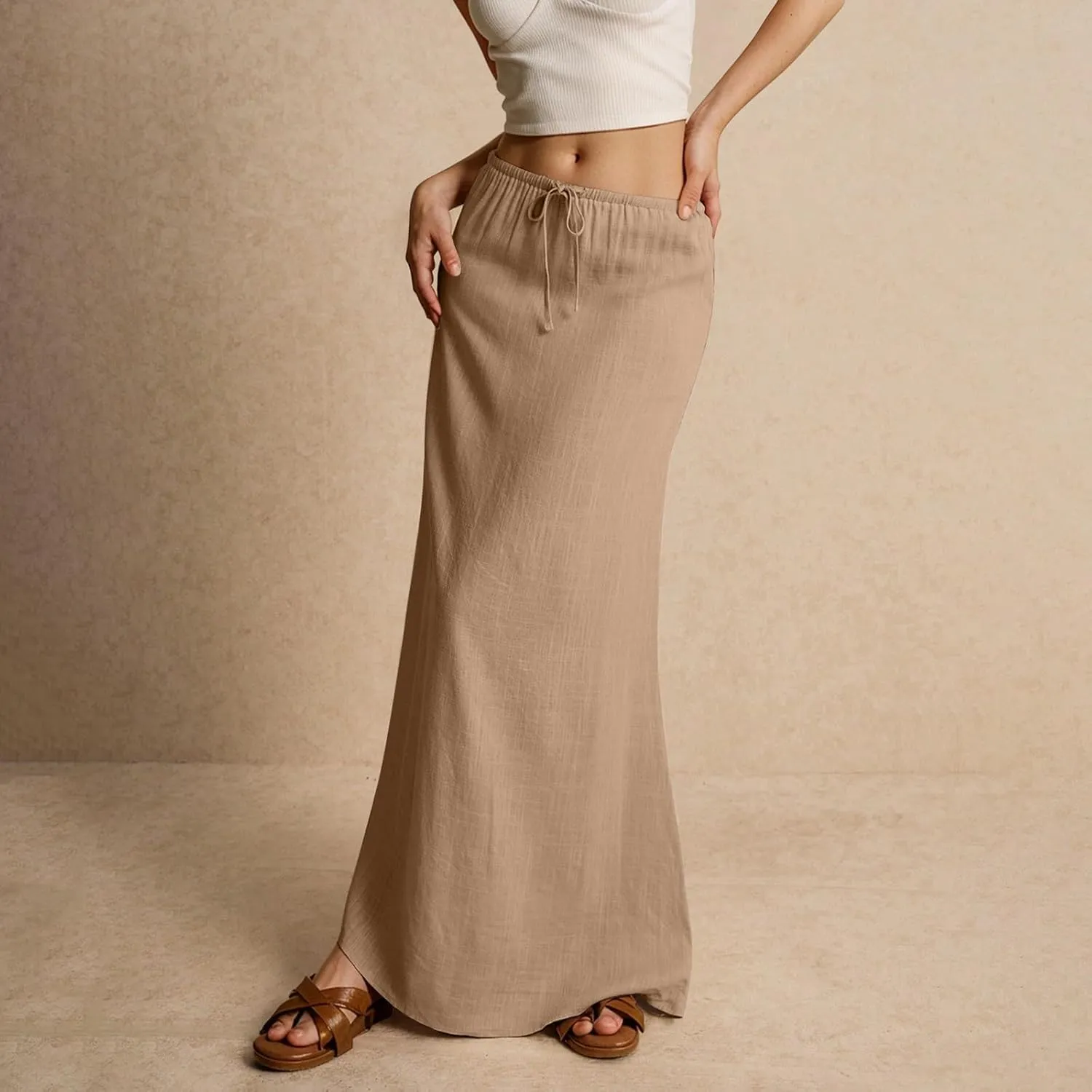 Linen Maxi Skirts for Women Summer Beach Comfy Drawstring Waist A Line Skirts Vacation Boho Long Flowy Skirt