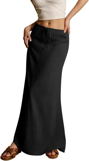 Linen Maxi Skirts for Women Summer Beach Comfy Drawstring Waist A Line Skirts Vacation Boho Long Flowy Skirt