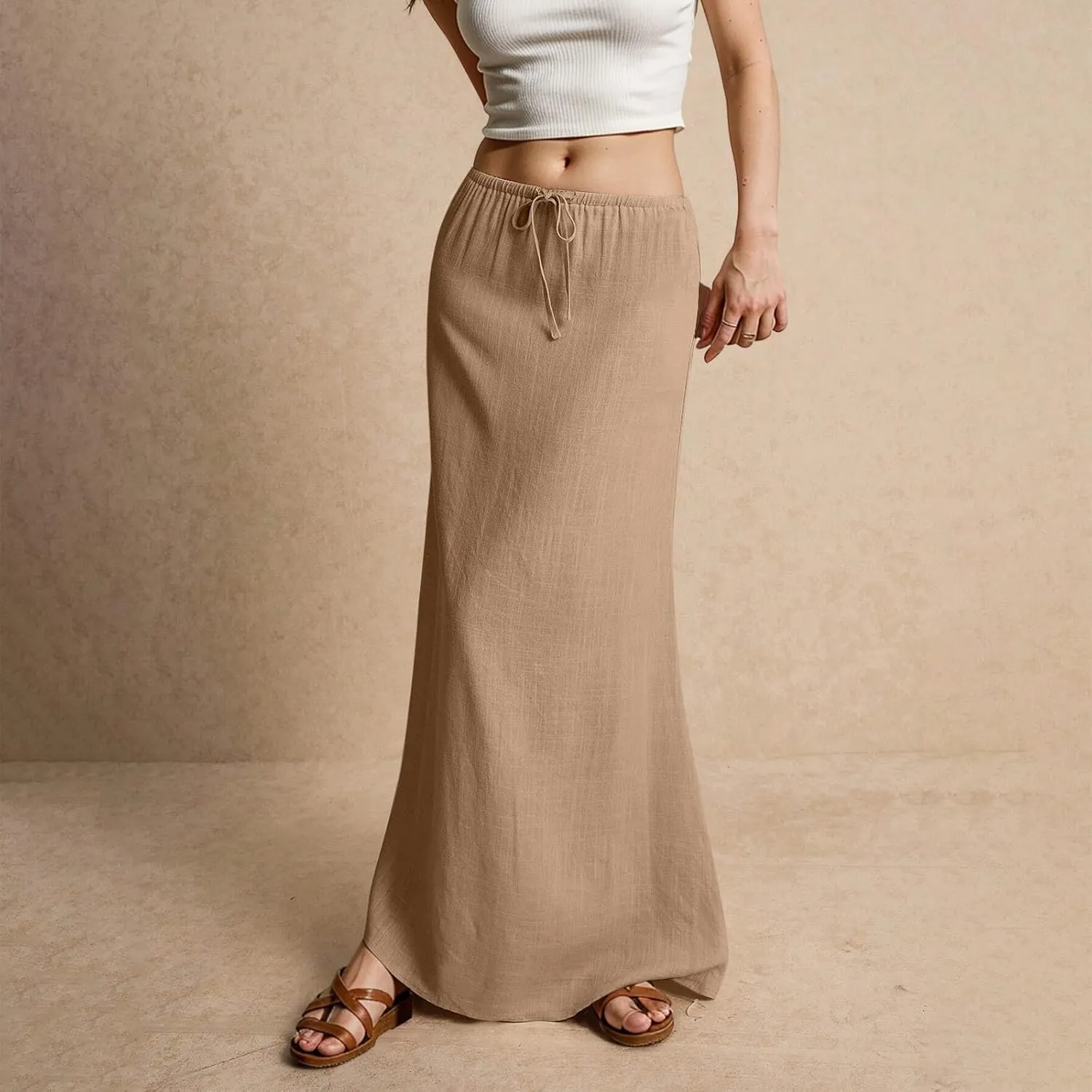 Linen Maxi Skirts for Women Summer Beach Comfy Drawstring Waist A Line Skirts Vacation Boho Long Flowy Skirt