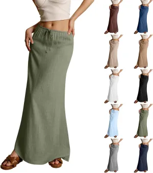 Linen Maxi Skirts for Women Trendy Summer Casual Low Waisted Drawstring A Line Skirt Boho Long Flowy Skirts