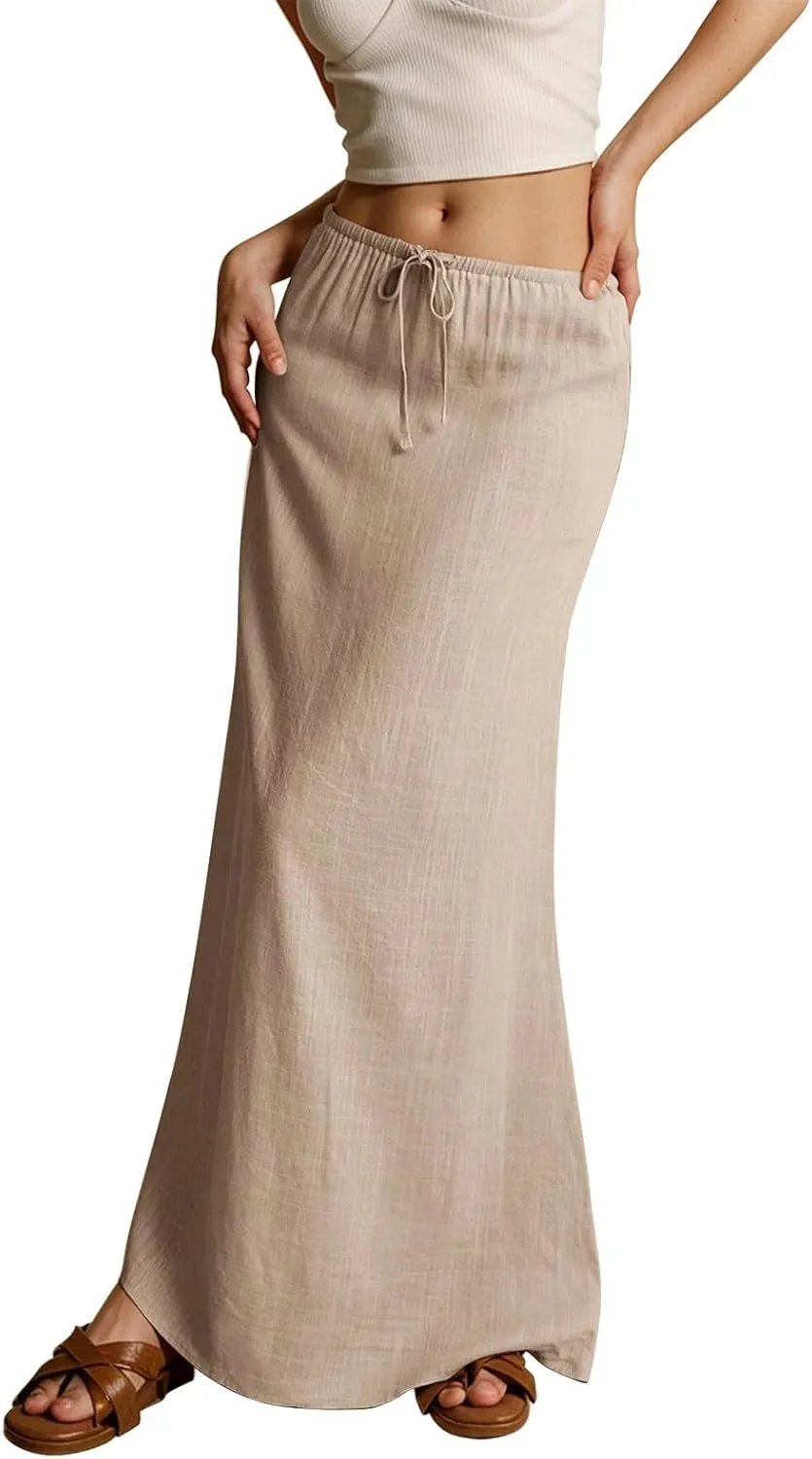 Linen Maxi Skirts for Women Trendy Summer Casual Low Waisted Drawstring A Line Skirt Boho Long Flowy Skirts