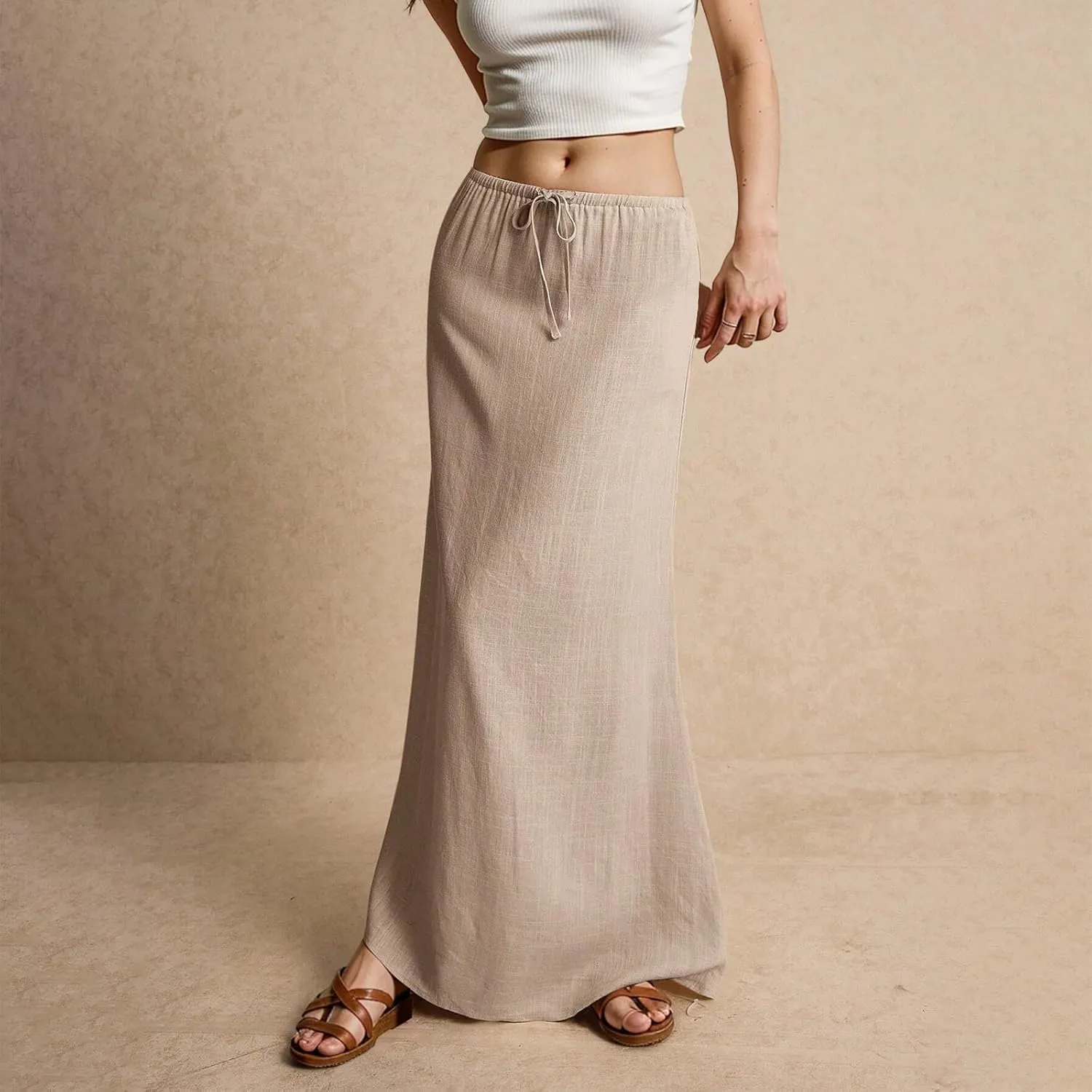 Linen Maxi Skirts for Women Trendy Summer Casual Low Waisted Drawstring A Line Skirt Boho Long Flowy Skirts