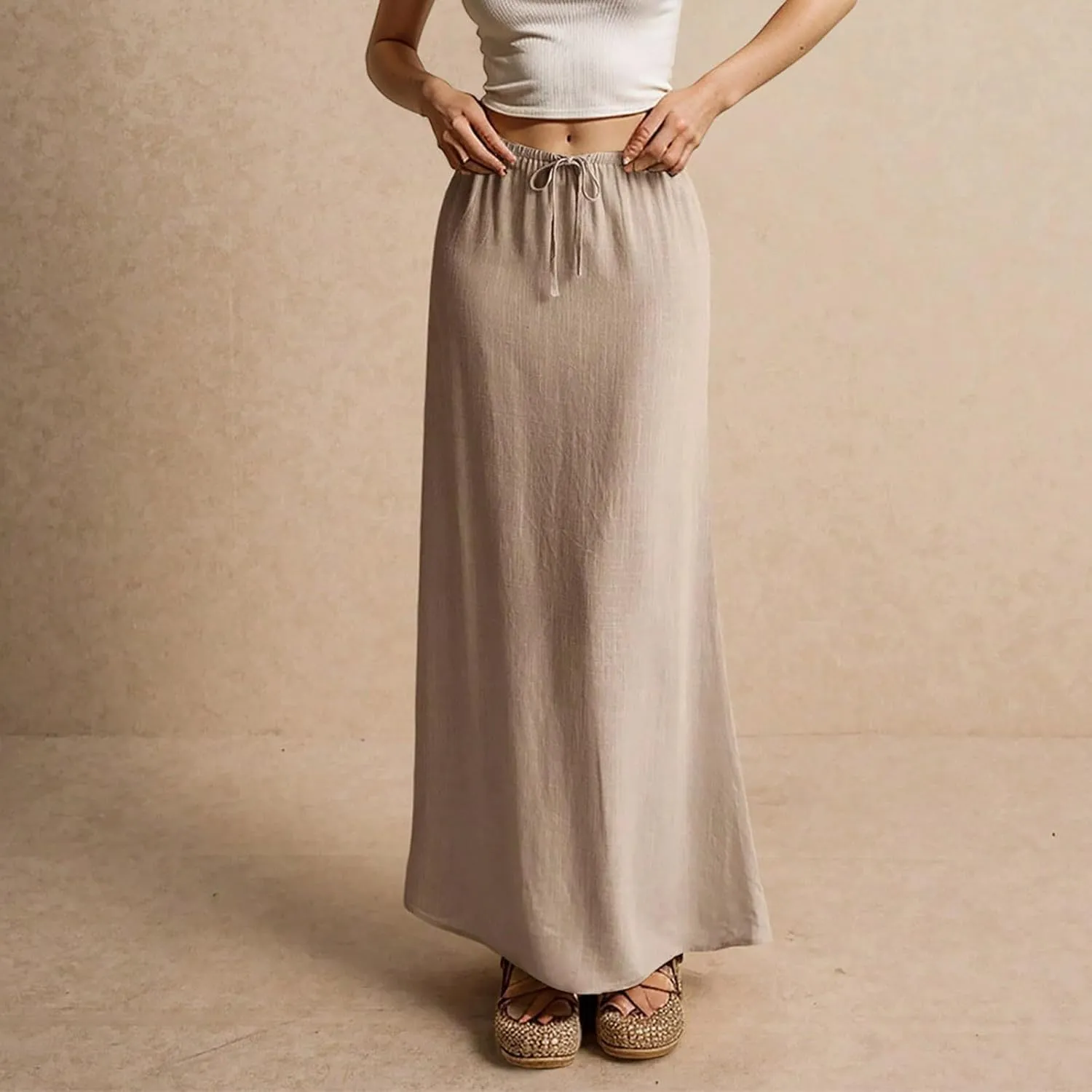 Linen Maxi Skirts for Women Trendy Summer Casual Low Waisted Drawstring A Line Skirt Boho Long Flowy Skirts