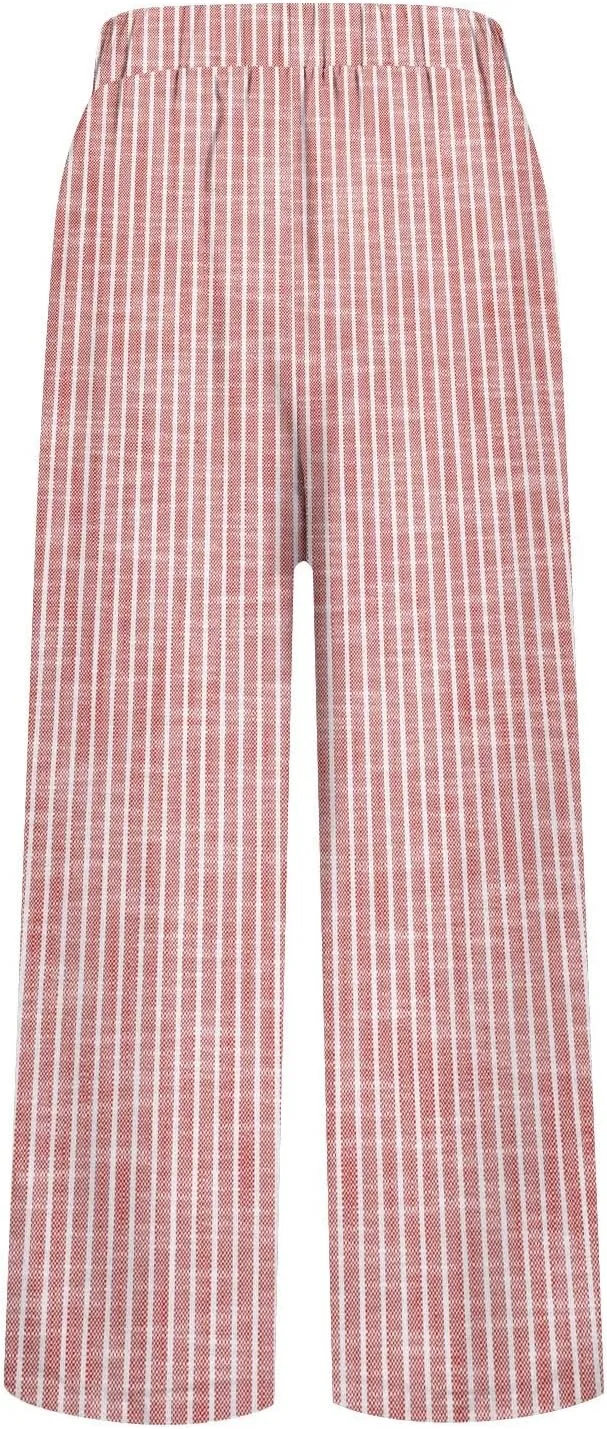 Linen Pants Women Striped Linen Pants Summer 2025 Womens Clothes for Beach Vacation Linen Straight Leg Palazzo Trousers