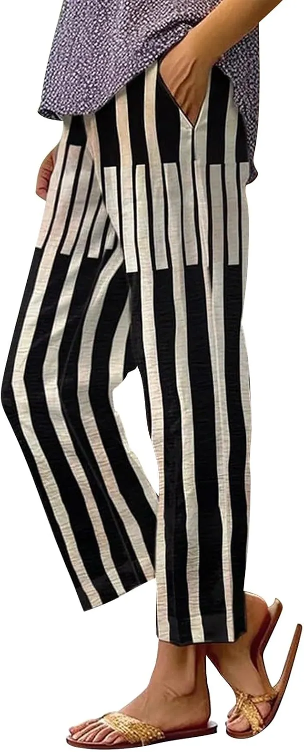 Linen Pants Women Striped Linen Pants Summer 2025 Womens Clothes for Beach Vacation Linen Straight Leg Palazzo Trousers