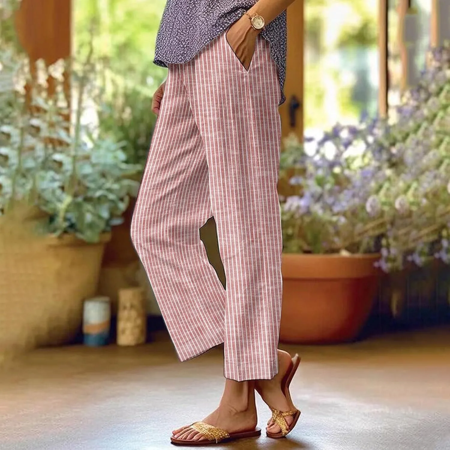Linen Pants Women Striped Linen Pants Summer 2025 Womens Clothes for Beach Vacation Linen Straight Leg Palazzo Trousers