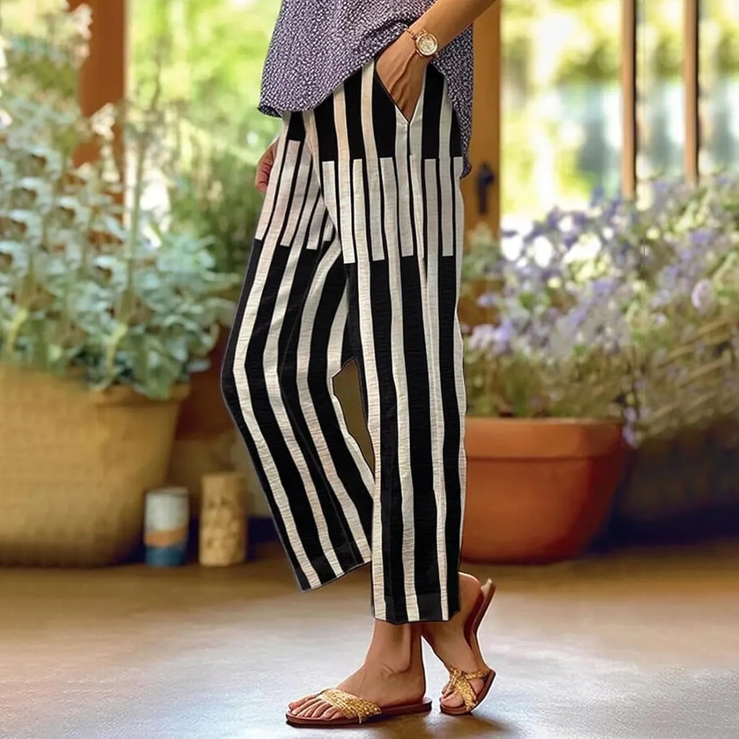 Linen Pants Women Striped Linen Pants Summer 2025 Womens Clothes for Beach Vacation Linen Straight Leg Palazzo Trousers