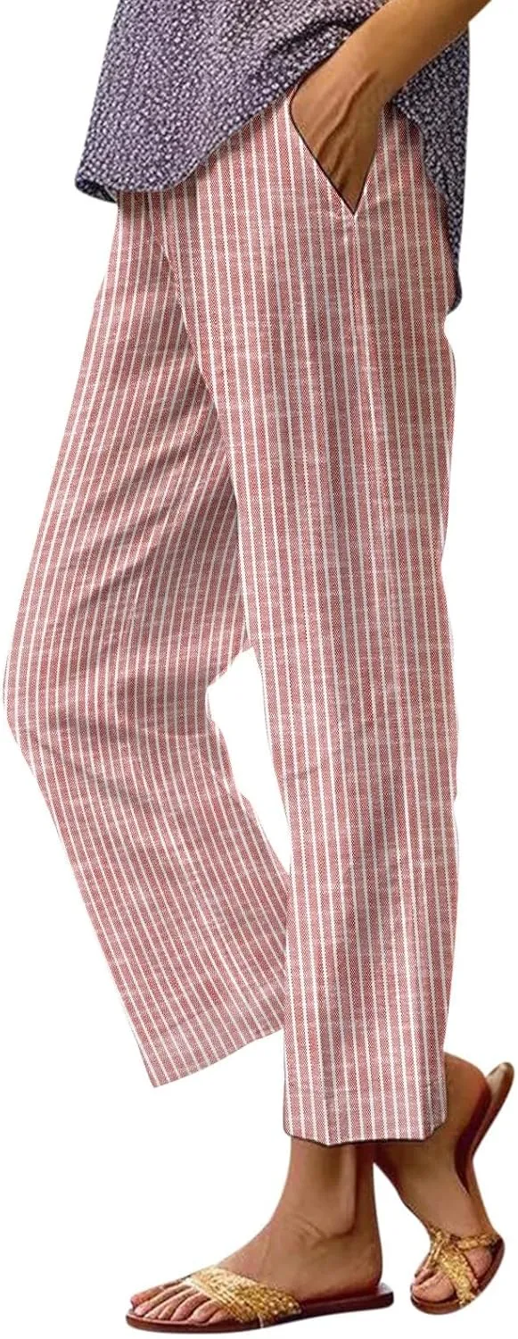 Linen Pants Women Striped Linen Pants Summer 2025 Womens Clothes for Beach Vacation Linen Straight Leg Palazzo Trousers