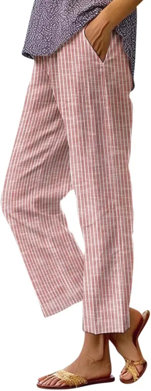 Linen Pants Women Striped Linen Pants Summer 2025 Womens Clothes for Beach Vacation Linen Straight Leg Palazzo Trousers