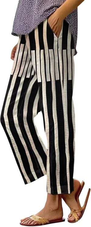 Linen Pants Women Striped Linen Pants Summer 2025 Womens Clothes for Beach Vacation Linen Straight Leg Palazzo Trousers