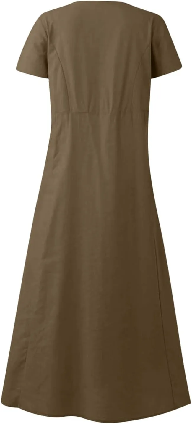 Linen Shirt Dresses for Women Plus Size Short Sleeve Flowy Midi Dresses Summer Casual Shirt Dresses with Dual Pockets