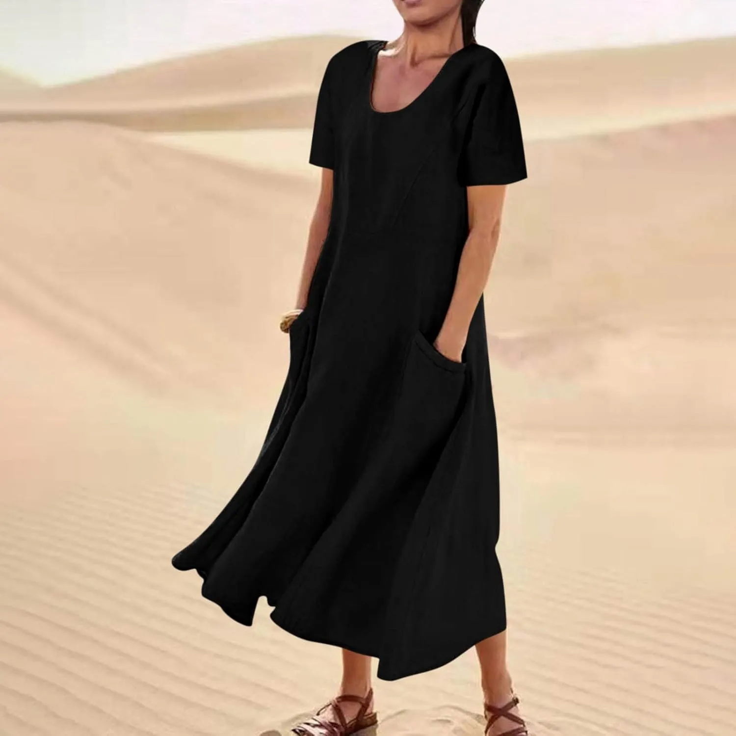 Linen Shirt Dresses for Women Plus Size Short Sleeve Flowy Midi Dresses Summer Casual Shirt Dresses with Dual Pockets