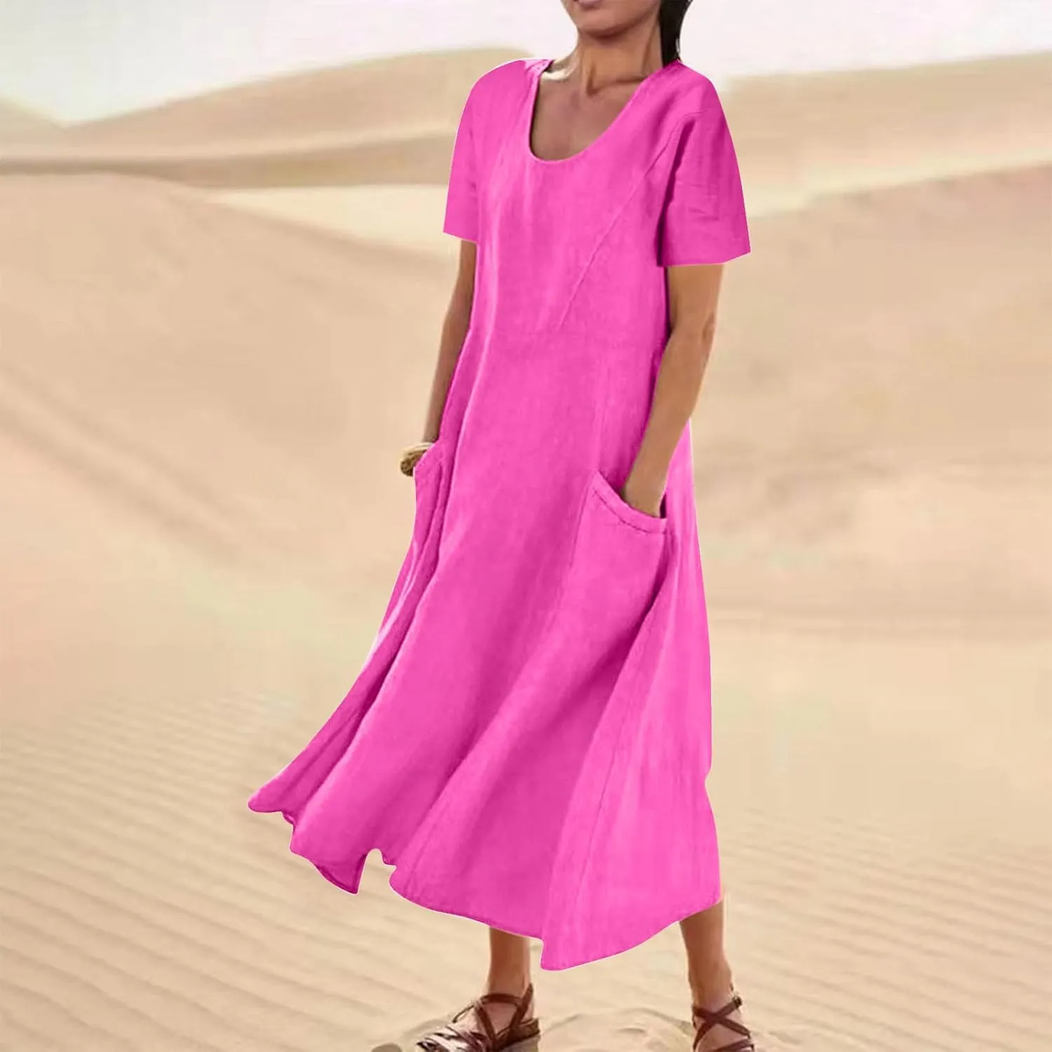 Linen Shirt Dresses for Women Plus Size Short Sleeve Flowy Midi Dresses Summer Casual Shirt Dresses with Dual Pockets