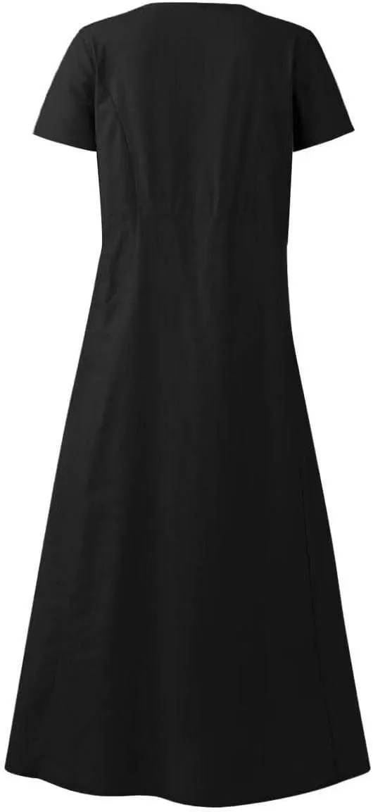 Linen Shirt Dresses for Women Plus Size Short Sleeve Flowy Midi Dresses Summer Casual Shirt Dresses with Dual Pockets