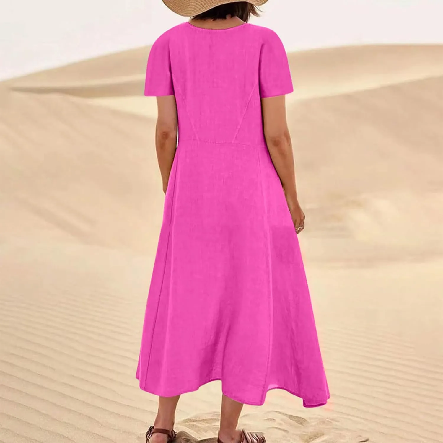 Linen Shirt Dresses for Women Plus Size Short Sleeve Flowy Midi Dresses Summer Casual Shirt Dresses with Dual Pockets