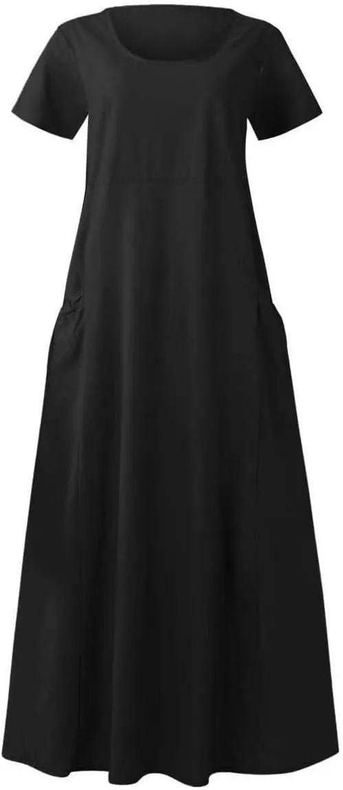 Linen Shirt Dresses for Women Plus Size Short Sleeve Flowy Midi Dresses Summer Casual Shirt Dresses with Dual Pockets