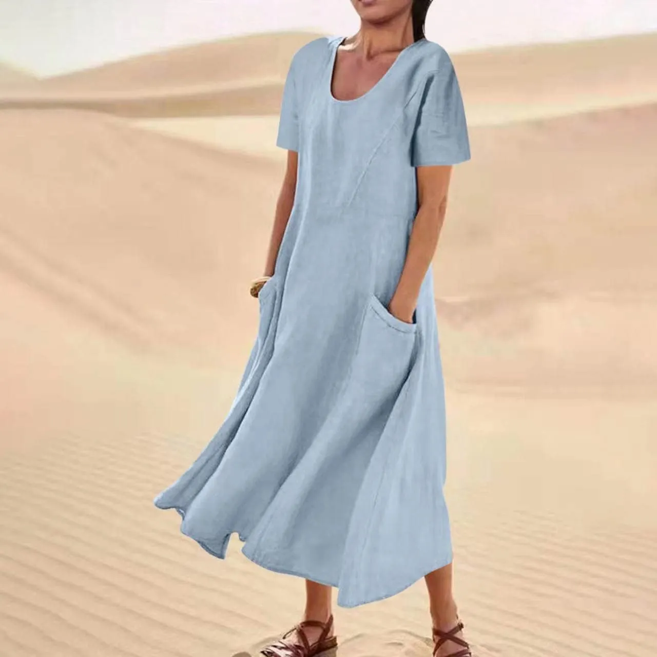 Linen Shirt Dresses for Women Plus Size Short Sleeve Flowy Midi Dresses Summer Casual Shirt Dresses with Dual Pockets