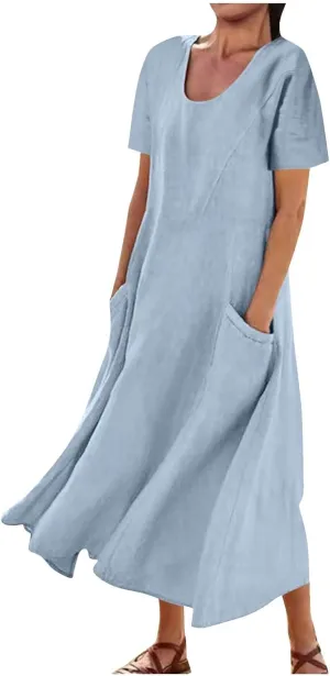 Linen Shirt Dresses for Women Plus Size Short Sleeve Flowy Midi Dresses Summer Casual Shirt Dresses with Dual Pockets