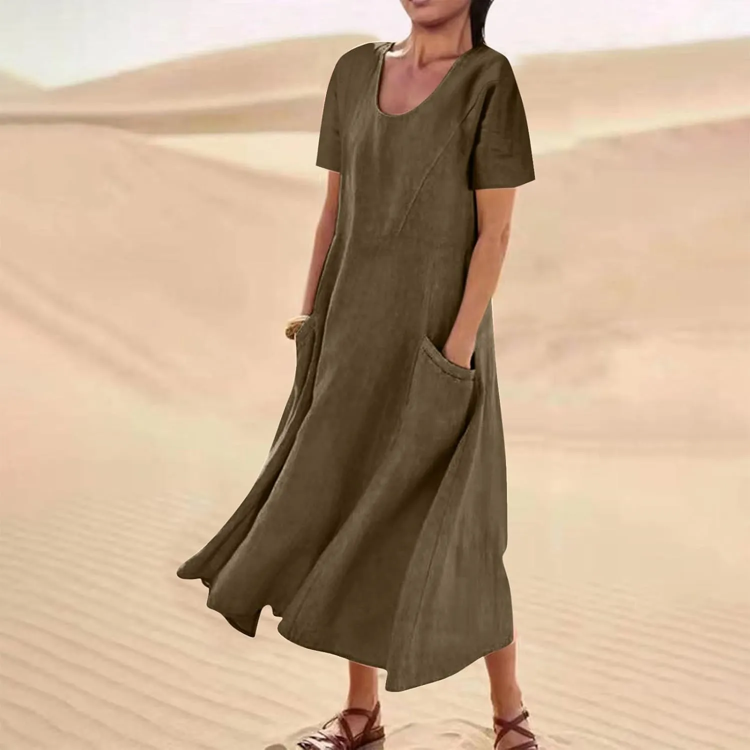 Linen Shirt Dresses for Women Plus Size Short Sleeve Flowy Midi Dresses Summer Casual Shirt Dresses with Dual Pockets