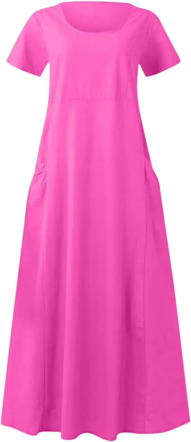 Linen Shirt Dresses for Women Plus Size Short Sleeve Flowy Midi Dresses Summer Casual Shirt Dresses with Dual Pockets