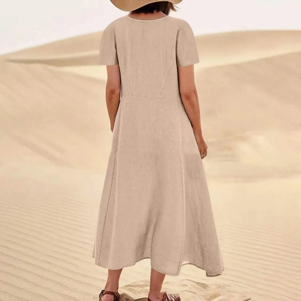 Linen Shirt Dresses for Women Plus Size Short Sleeve Flowy Midi Dresses Summer Casual Shirt Dresses with Dual Pockets