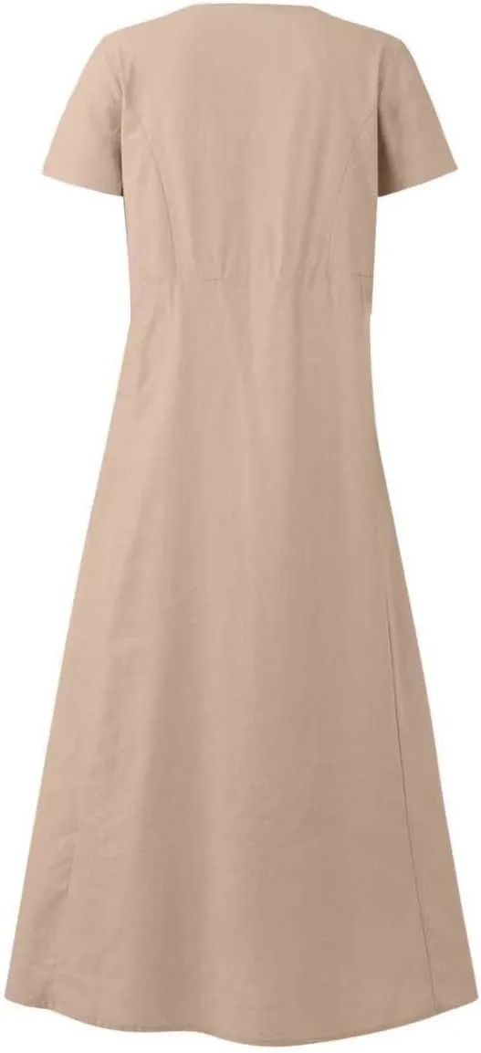 Linen Shirt Dresses for Women Plus Size Short Sleeve Flowy Midi Dresses Summer Casual Shirt Dresses with Dual Pockets
