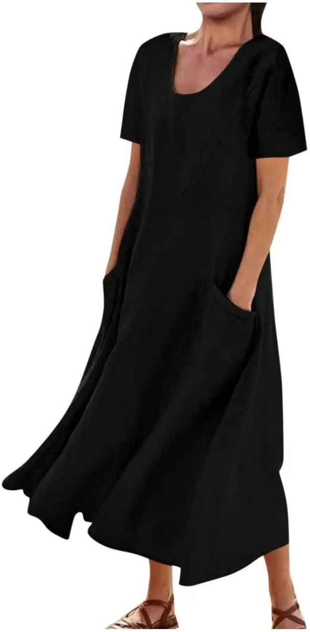 Linen Shirt Dresses for Women Plus Size Short Sleeve Flowy Midi Dresses Summer Casual Shirt Dresses with Dual Pockets