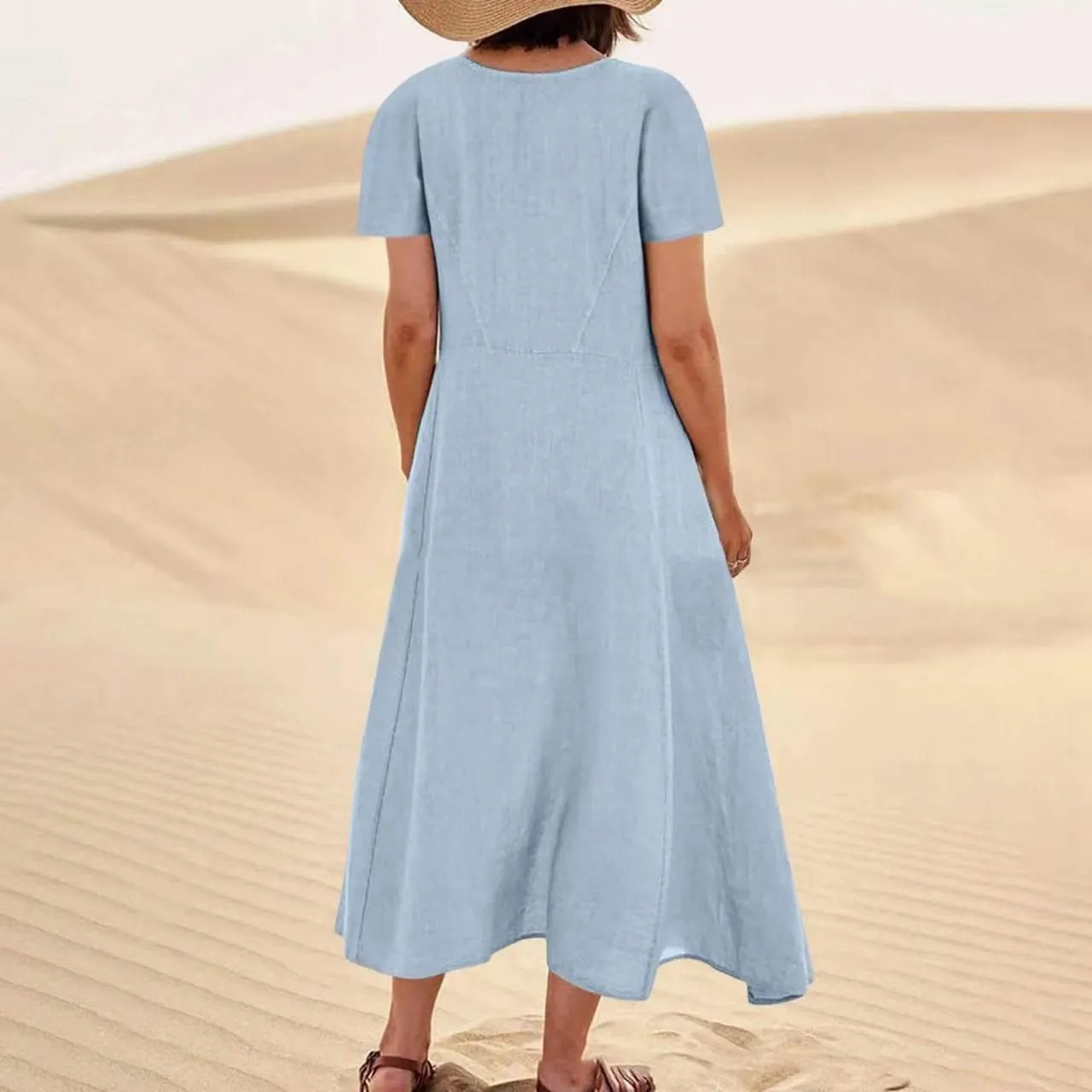 Linen Shirt Dresses for Women Plus Size Short Sleeve Flowy Midi Dresses Summer Casual Shirt Dresses with Dual Pockets