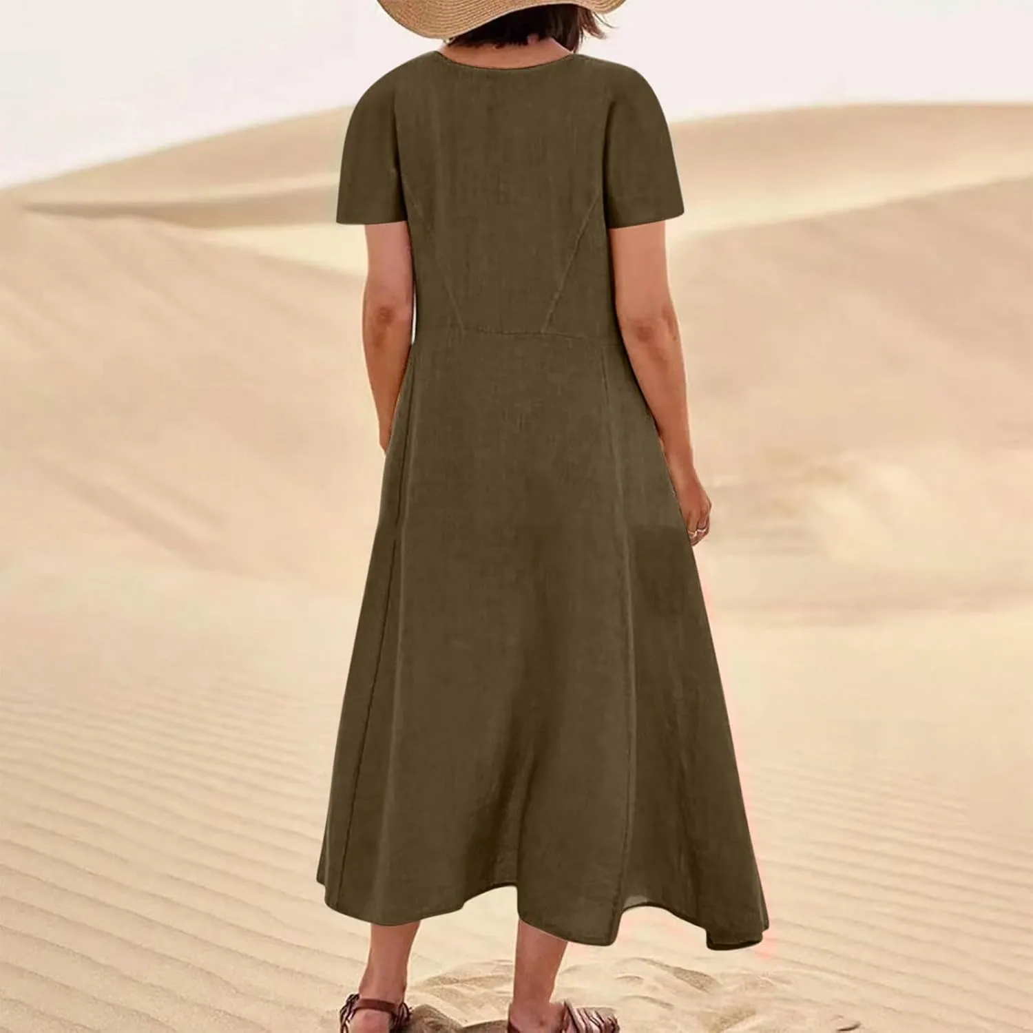 Linen Shirt Dresses for Women Plus Size Short Sleeve Flowy Midi Dresses Summer Casual Shirt Dresses with Dual Pockets