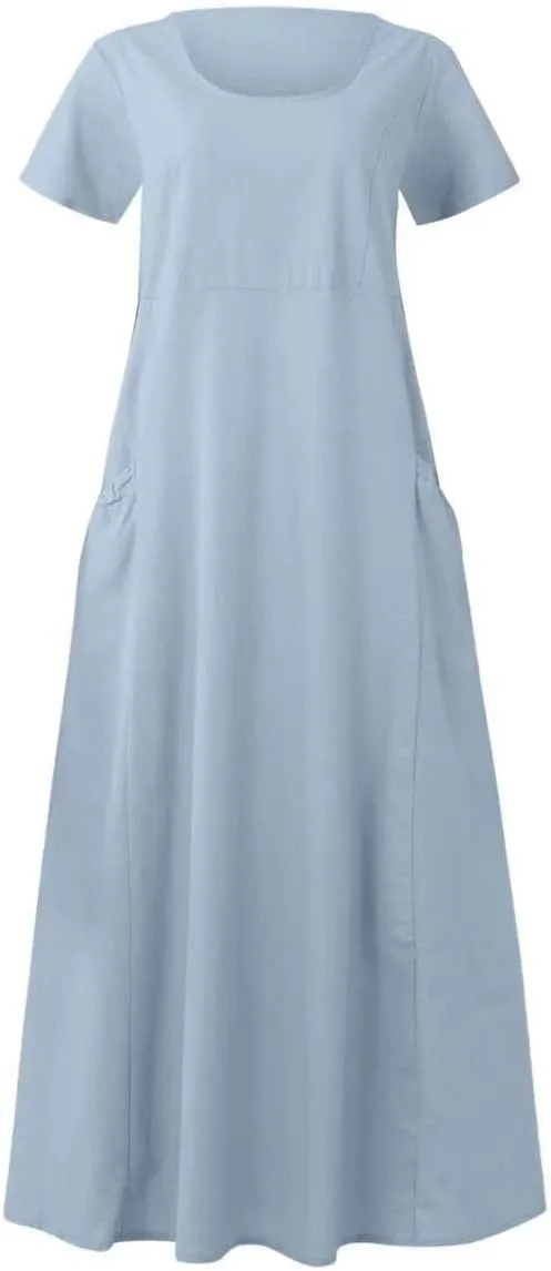 Linen Shirt Dresses for Women Plus Size Short Sleeve Flowy Midi Dresses Summer Casual Shirt Dresses with Dual Pockets